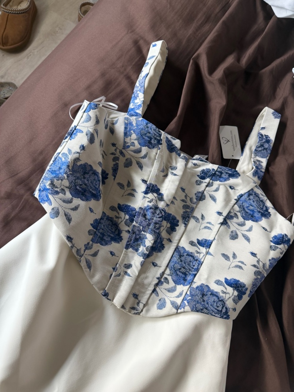 Windsor White Floral Bustier Top with Blue Rose Print